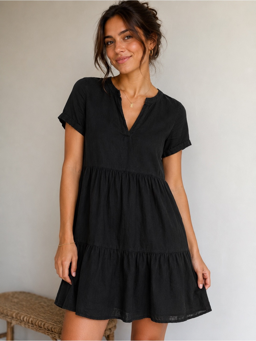 Francesca Bettini Tiered Linen Mini Dress – Black, Size Small